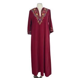 Vintage 70s Bullocks Wilshire Velour Kaftan Dress Embroidered Size L Red Boho